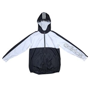 Adidas Windbreaker Jacket Youth L 14/16 Black White Full Zip Hooded Logo Retro